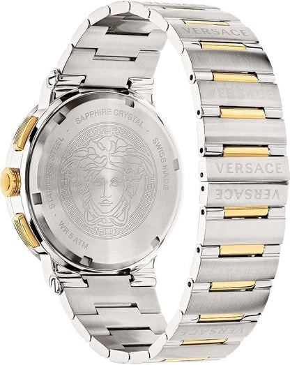 Versace Medusa caseback with Greca pattern and two-tone stainless steel bracelet detail