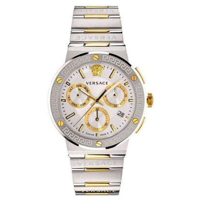 Versace Greca Logo chronograph watch with silver dial, gold subdials, two-tone stainless steel bracelet
