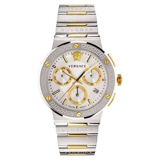 Versace Greca Logo chronograph watch with silver dial, gold subdials, two-tone stainless steel bracelet