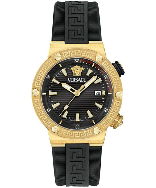 Versace Greca Logo DIVER Black Dial Black Strap Swiss Movt Gold Watch - VE8G00324