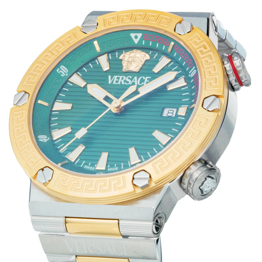 Versace Greca Logo Diver Green Dial Two-Tone Swiss Chronograph Watch - VE8G00524