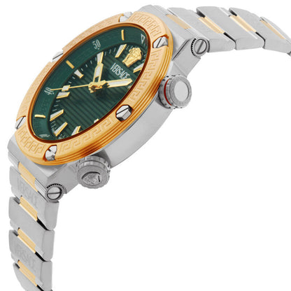 Versace men's two-tone stainless steel and gold-tone watch with a dark green dial, gold-tone bezel, and matching green and gold-tone metal bracelet.