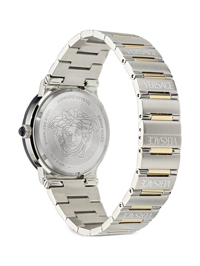 Caseback with Versace Medusa head engraving and two-tone steel bracelet