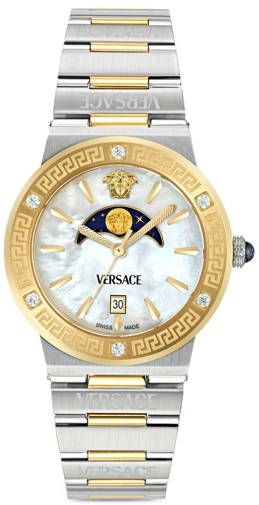 Versace Greca Logo moonphase watch two-tone steel and gold with mother of pearl dial