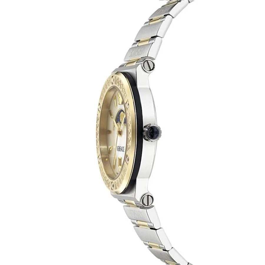 Side profile of two-tone Versace watch with polished stainless steel and gold bezel