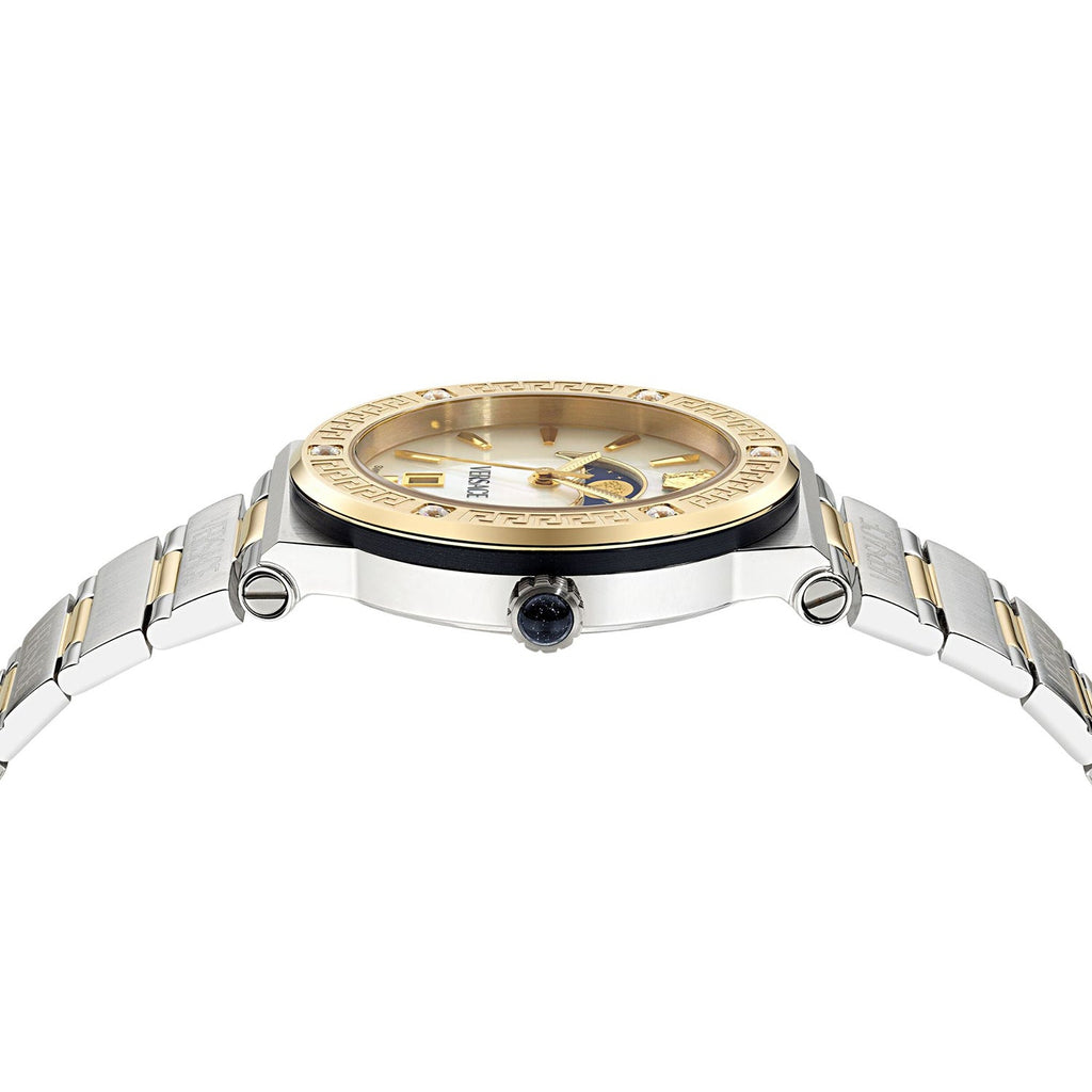 Top-down view of Versace Greca moonphase watch with two-tone bracelet