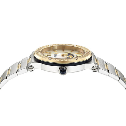 Top-down view of Versace Greca moonphase watch with two-tone bracelet
