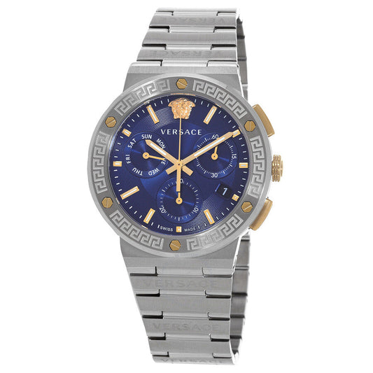 Versace Greca Logo chronograph watch with blue dial and silver bracelet