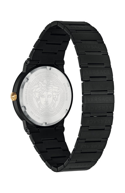 Versace Greca Logo-VI watch caseback with Medusa head logo and black stainless steel bracelet