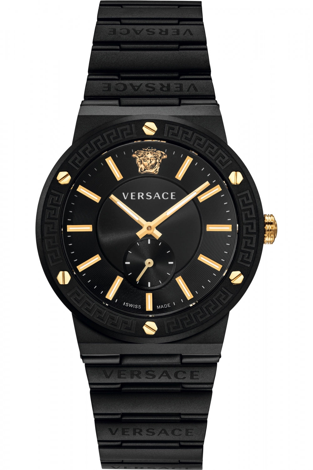 Versace Greca Logo-VI black stainless steel men's watch with gold-tone hands and markers