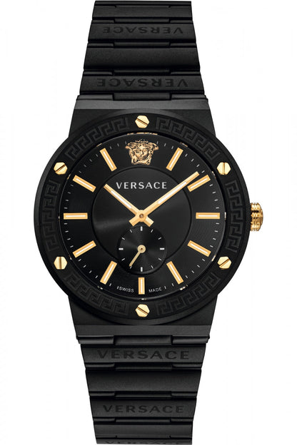 Versace Greca Logo-VI black stainless steel men's watch with gold-tone hands and markers