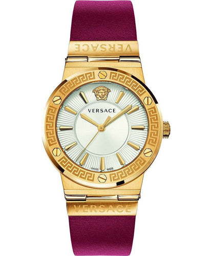 Versace Greca ladies watch with silver dial, gold-plated case, Medusa emblem, and burgundy strap
