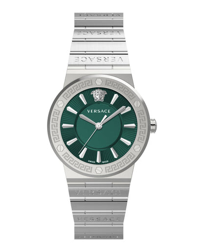Versace Greca women's watch with silver case, green dial, and silver bracelet