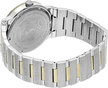 Caseback of Versace Greca watch showing engraved Medusa head and stainless steel construction