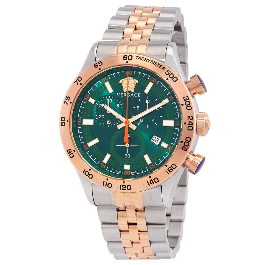 Versace Hellenyium chronograph watch with green dial and two-tone steel bracelet