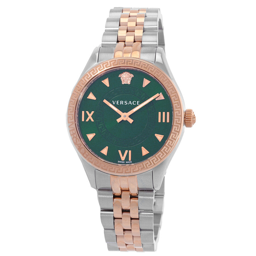 Versace Hellenyium quartz ladies watch with green dial, rose gold bezel, and two-tone bracelet