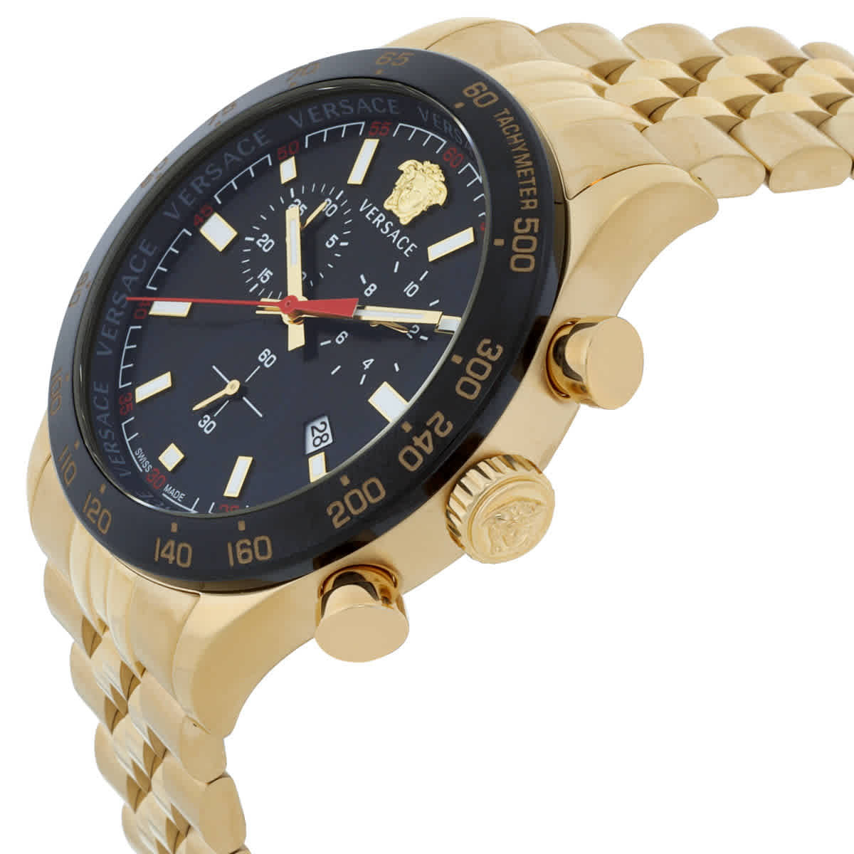 Versace Hellenyium watch side profile showing gold-tone chronograph pushers and bracelet
