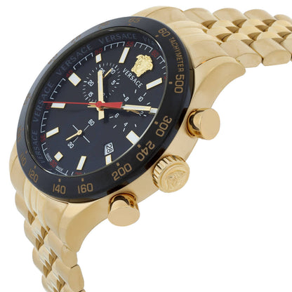 Versace Hellenyium watch side profile showing gold-tone chronograph pushers and bracelet