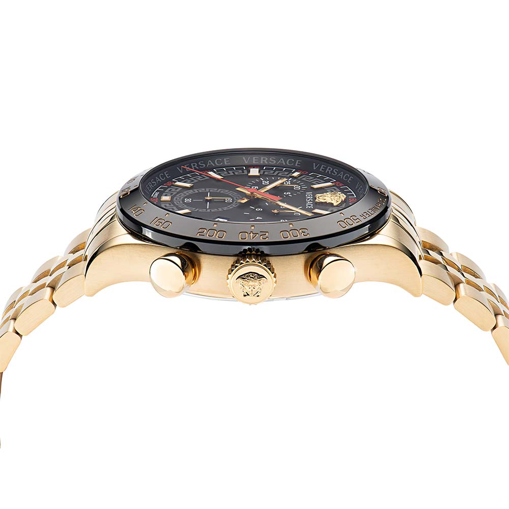 Versace Hellenyium chronograph watch side view displaying case profile and pushers