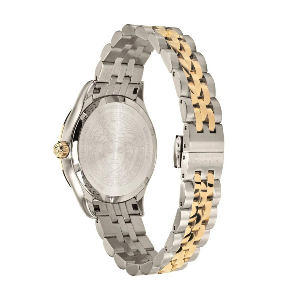 Back view of Versace Hellenyium watch showing caseback with gold crown and two-tone steel bracelet