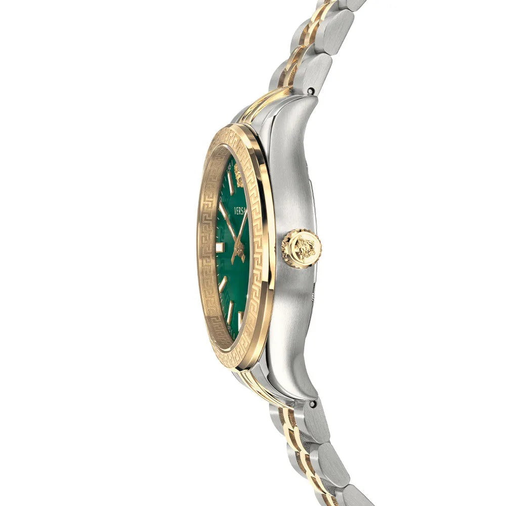 Side profile of Versace Hellenyium watch displaying case thickness, green dial, and two-tone bracelet