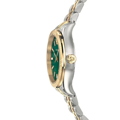 Side profile of Versace Hellenyium watch displaying case thickness, green dial, and two-tone bracelet