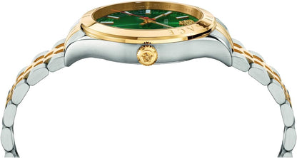Side angle view of Versace Hellenyium watch showing gold bezel and green dial