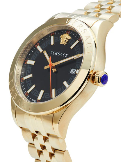 Versace Hellenyium gold watch angled view showing dial, bezel, and matching gold bracelet
