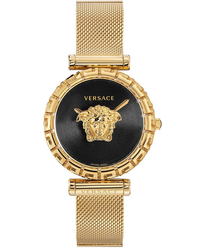Versace Palazzo Empire Greca ladies watch with black dial, gold Medusa head, and gold mesh bracelet