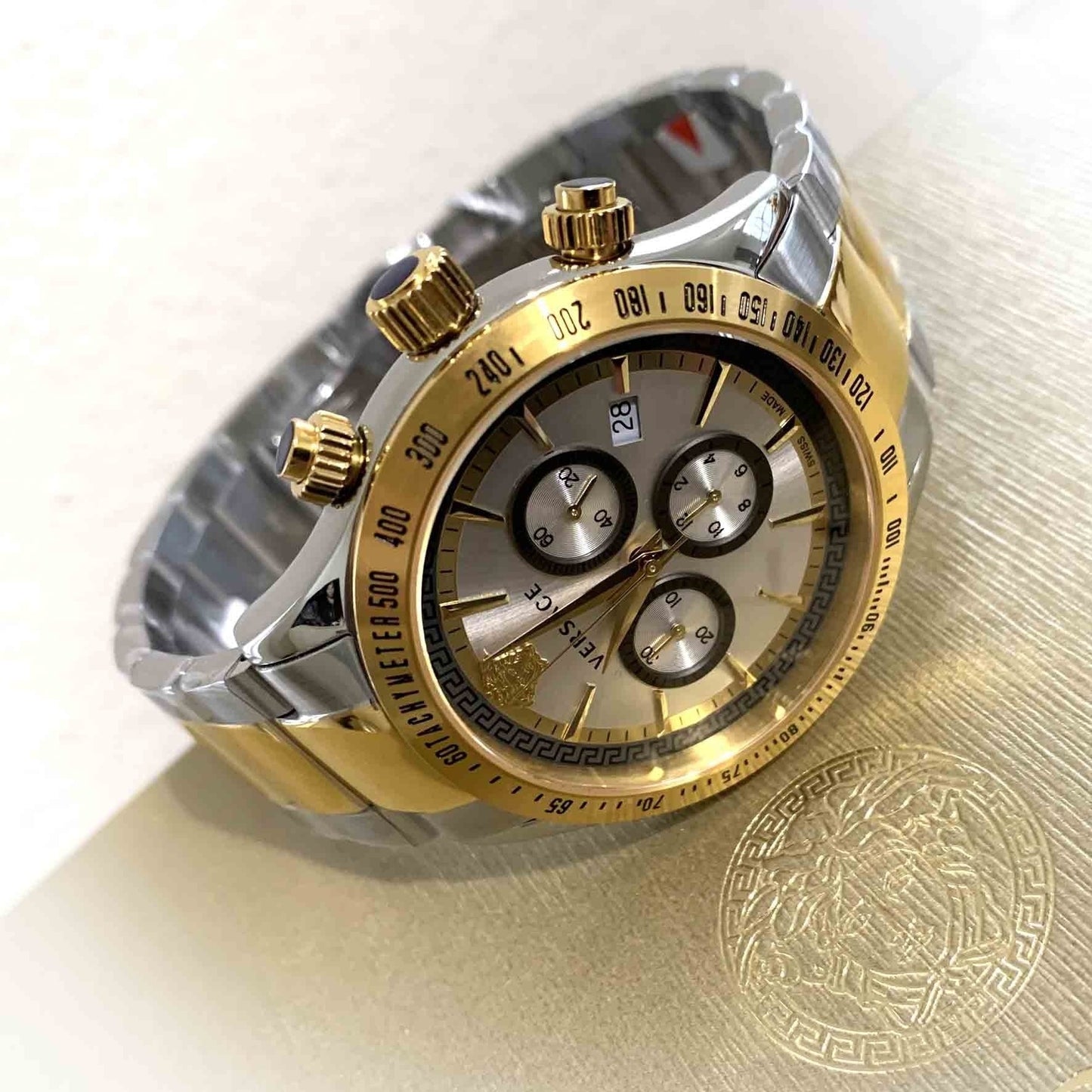 Versace Chronograph Two-Tone Stainless Silver Dial Swiss Movt Watch - VEV700519
