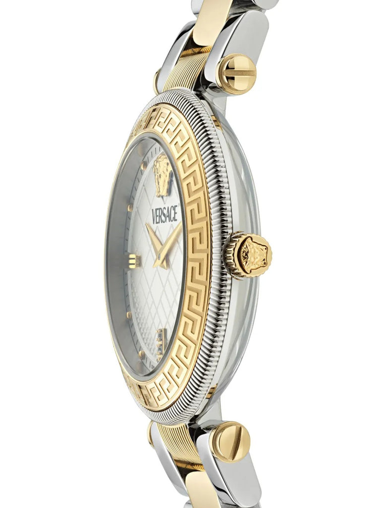 Versace Reve watch side view showing two-tone case with gold bezel and steel strap
