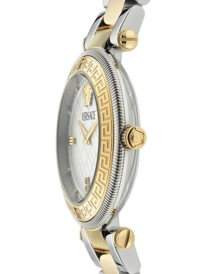 Versace Reve watch side view showing two-tone case with gold bezel and steel strap