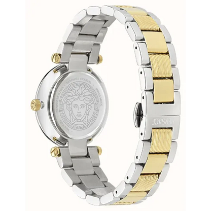 Versace Reve caseback with Medusa logo, two-tone steel and gold bracelet