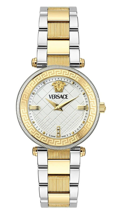 Versace Reve women's watch with white textured dial, two-tone steel and gold bracelet