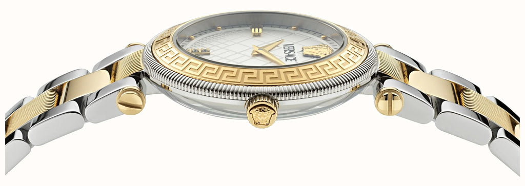 Versace Reve watch profile showing case depth and two-tone bracelet links