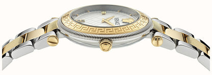 Versace Reve watch profile showing case depth and two-tone bracelet links