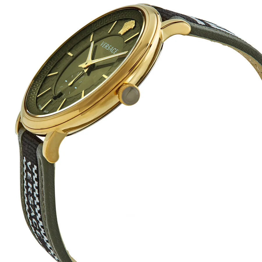 Side angle view of Versace V-Circle watch showing gold case profile and green leather strap