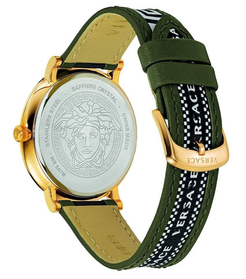 Versace V-Circle watch caseback displaying Medusa head and sapphire crystal text