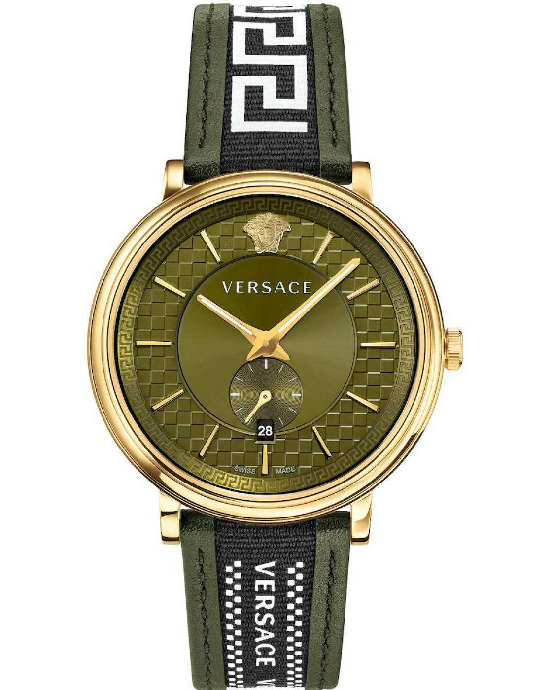 Versace V-Circle men's watch with green dial, gold-tone case, and green Greek key leather strap