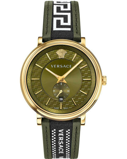 Versace V-Circle men's watch with green dial, gold-tone case, and green Greek key leather strap