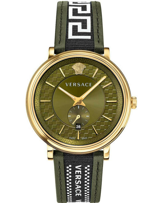 Versace V-Circle men's watch with green dial, gold-tone case, and green Greek key leather strap