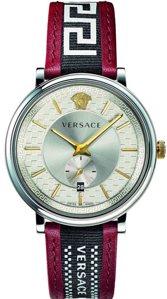 Versace V Circle Silver Dial Two-Tone Leather Strap Swiss Movt Watch - VEBQ01319