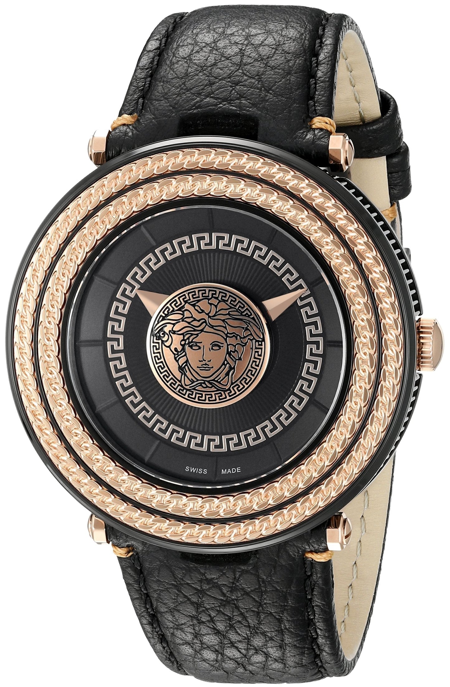 Versace V-Metal Icon Round Black Leather Strap Men's Watch - VQL030015