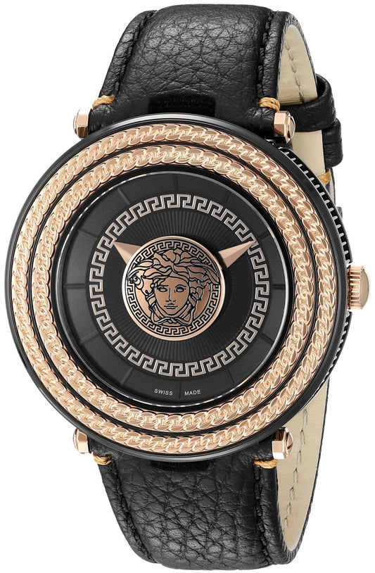 Versace V-Metal Icon Round Black Leather Strap Men's Watch - VQL030015
