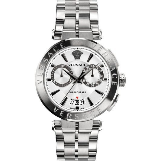Versace V-Racer chronograph silver watch with white dial, chronograph subdials, and steel bracelet