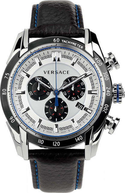 Versace V-Ray chronograph watch with white dial, black subdials, tachymeter bezel, and black leather strap