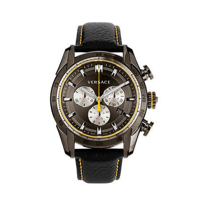 Versace V-Ray chronograph watch with grey dial and three white subdials on black leather strap
