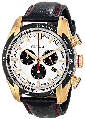 Versace V-Ray gold chronograph watch displayed at angle showing white dial, gold case, and black leather strap