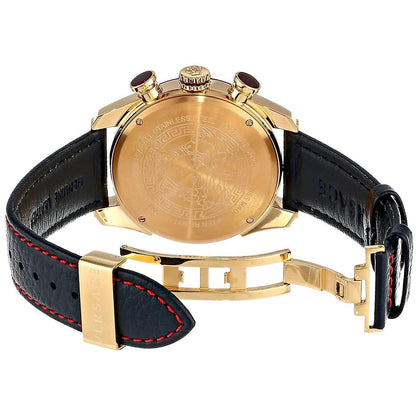 Caseback of Versace V-Ray chronograph showing gold-tone case back with Versace engraving and black leather strap