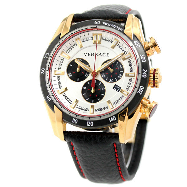 Versace V-Ray gold chronograph watch with white dial, three black subdials, black leather strap with red stitching